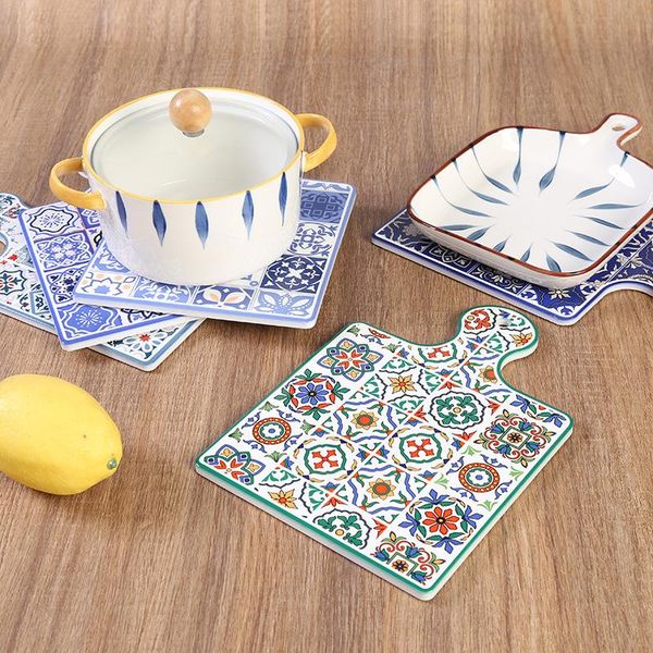 

mats & pads high temperature insulation cork ceramic tableware placemat square simple blue and white porcelain tile casserole potmat