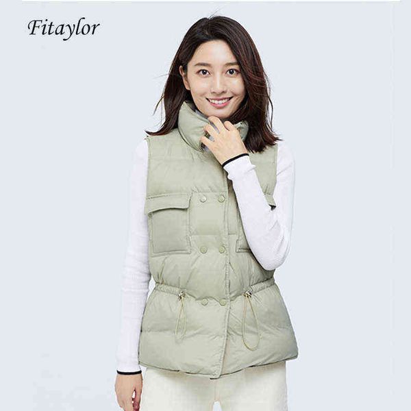 

fitaylor ultra light down vest women short jacket white 90% duck down coat windproof lightweight warm waistcoat adjustable waist 211130, Black