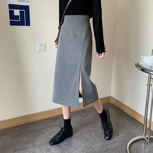 

skirts long for women 2021 spring korean version irregular tailoring high waist skirt a-line mid-length split hip, Black