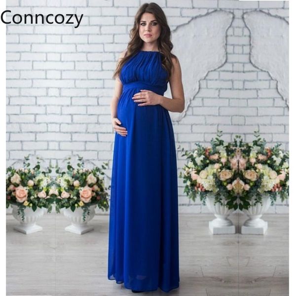 

round neck sleeveless long dresses women plus size white blue maternity dress po shooting pregnant pure color tunic