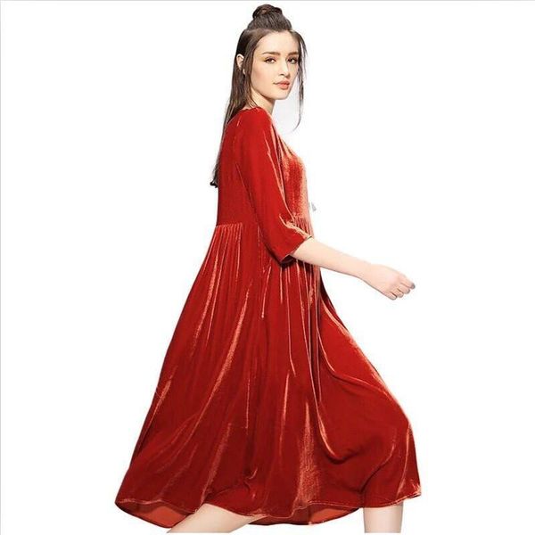 

casual dresses 2021 europe a-line velvet high waist velour o-neck elegant three quarter dress plus size -5xl 6xl 7xl, Black;gray