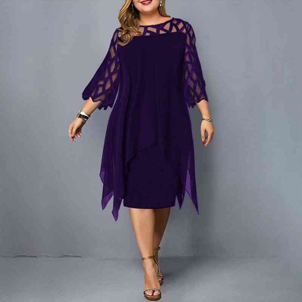 

women elegant dress mesh stitching tight waist 3 4 flare sleeve round neck irregular hem dresses woman summer, Black;gray