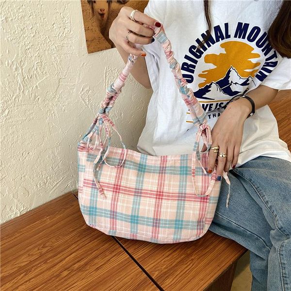 

shoulder bags ladies canvas bag female japanese sweet retro underarm woman fresh plaid drawstring dumpling girls casual 7w97, Black
