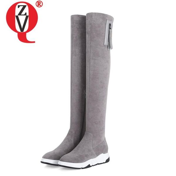 

boots zvq winter concise casual over knee outside comfortable round toe kid suede zip women shoes drop size 34-39, Black