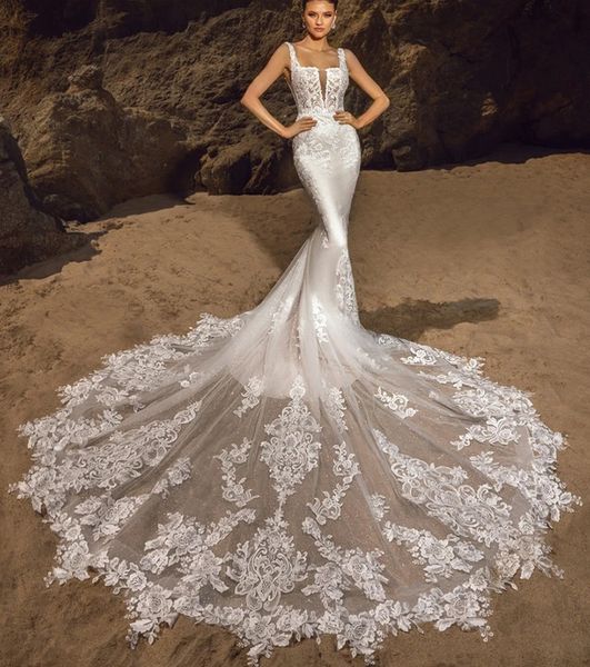 

luxury wedding dress mermaid lace square collar neckline open-back chapel train plus size bride gown 2022 vestidos de novia robe mariee, White