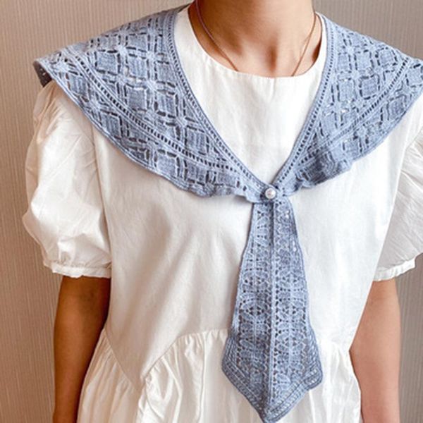 

scarves korean woman pearl buckle cotton shawl summer sunscreen bib tie outdoor decorate thin crochet fake collar hollow lace scarf p90, Blue;gray