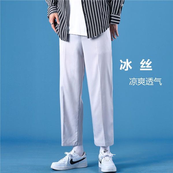 

men's pants 2021 summer drape feeling small suit casual solid color trend straight leg loose nine cent, Black