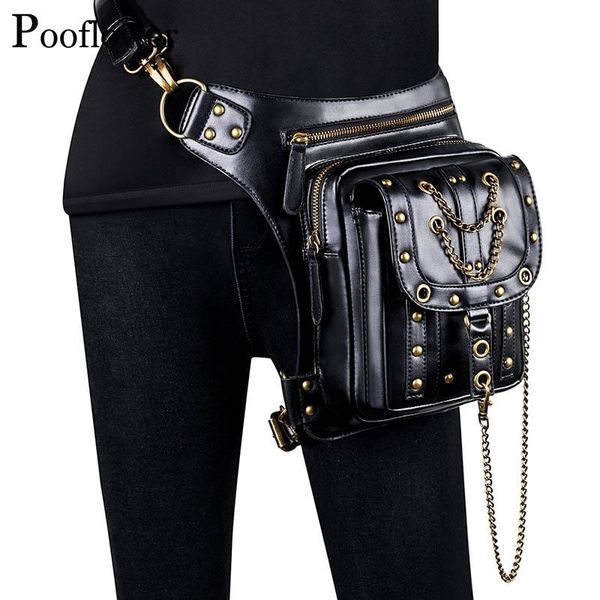 

pooflower moto chains pouch bag for men punk pu leather waist women vintage bum running belt fanny packs zh102 bags