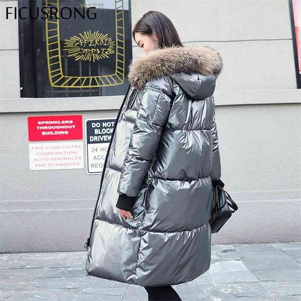 

ficusrong causal glossy silver down jackets winter women's long fur collar hooded coat parkas thick jacket women outwear 210910, Black