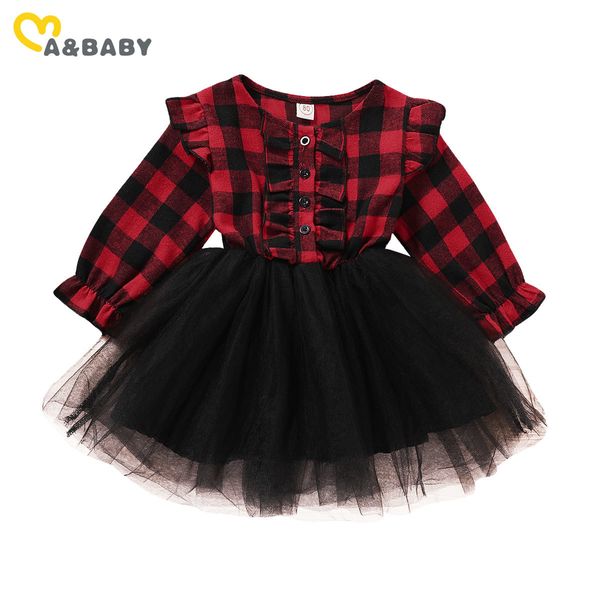 1-6Y Kleinkind Kind Baby Mädchen Plaid Rotes Kleid Langarm Tüll Tutu Weihnachten Party Kleider Für Kinder Kleidung 210515