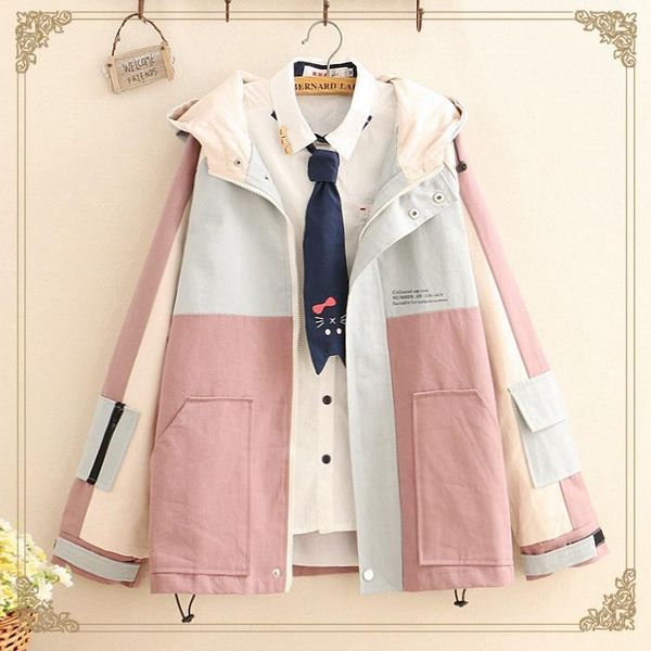

women's jackets 2021 autumn coat female college korean style schoolgirl bump color loose tooling baseball uniform hooded jacket, Black;brown