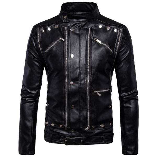 

men's leather & faux motorcycle biker jackets multi-zipper black men coats jaqueta de couro masculina 5xl punk 129k