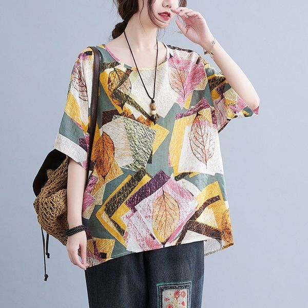 

women cotton linen casual t-shirts new arrival summer y style vintage print loose comfortable female tees s3633 210412, White