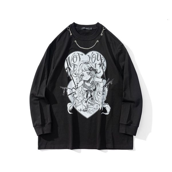 

ins high street two dimensional beautiful girl print necklace loose long sleeve t-shirt men's and women's thin sweater fashion, Black