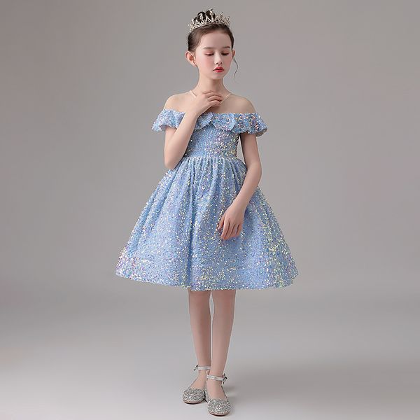 

lovely short flower girl' dress knee length ball gown shining sequins light sky blue, White;blue