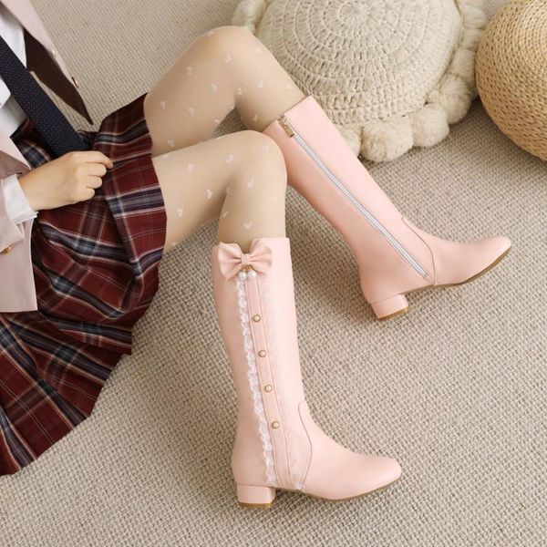 

boots sweet bow knot pearls princess girls' kneehighs women cute kawaii lace ruffles jk lolita cosplay shoes plus size 43, Black
