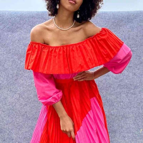 

two piece dress women off shoulder with waist belt pleated patchwork a line summer spring fashion female vestidos robes pje9, White