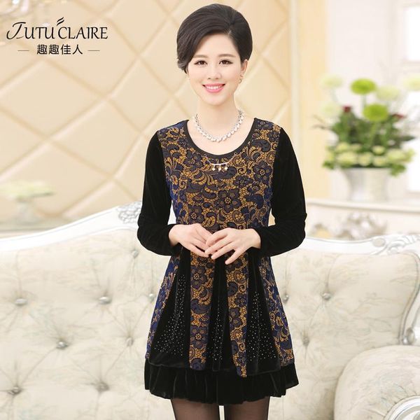 

casual dresses quinquagenarian women's one-piece dress plus velvet basic shirt mother clothing middle-age women, Black;gray