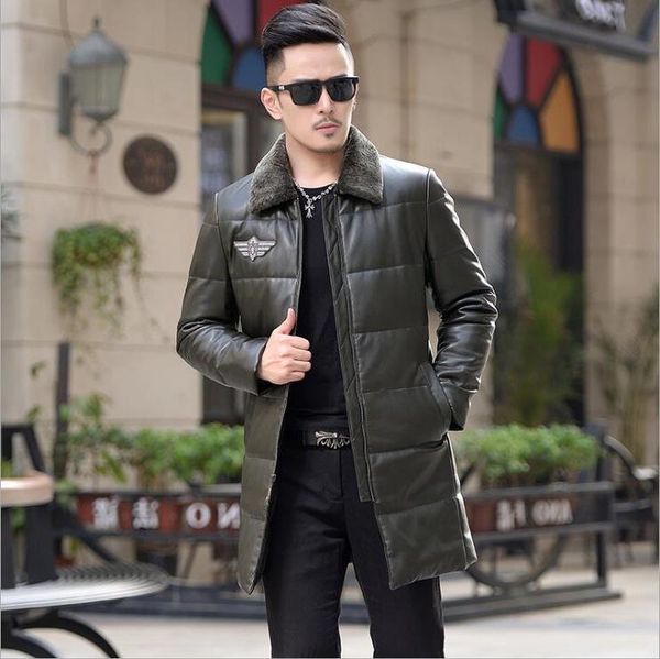 

men's fur & faux winter fashion lamb collar lapel coat mens down jacket men korean long leather clothes slim male windbreake, Black