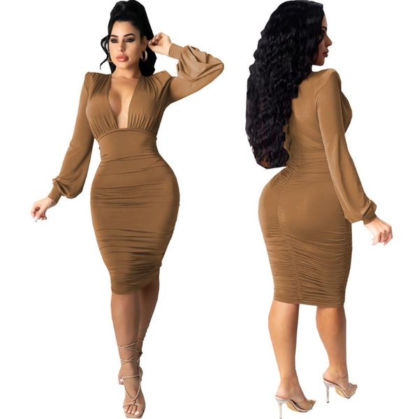 

casual dresses women robe femme solid color pencil shrinkage deep v neck long sleeve spring autumn slim hips dress for woman vestidos, Black;gray