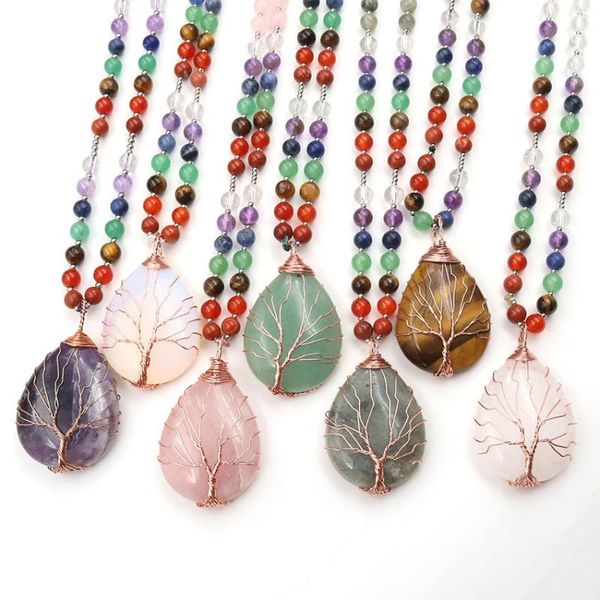 

pendant necklaces yjxp chakra beaded chain sweater wire winding tree of life water drop shape pendants necklace reiki healing jewelry, Silver