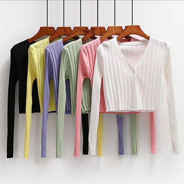 

women's knits & tees autumn summer korean cardigan women v-neck long sleeve knitted slim sweater female short cardigans jacket coat lad, White