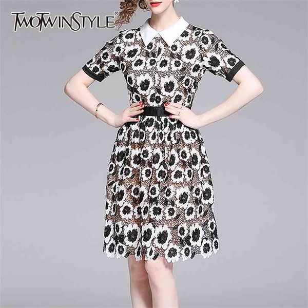 

vintage print women dress lapel collar puff short sleeve high waist hollow dresses female fashion clothing 210520, Black;gray