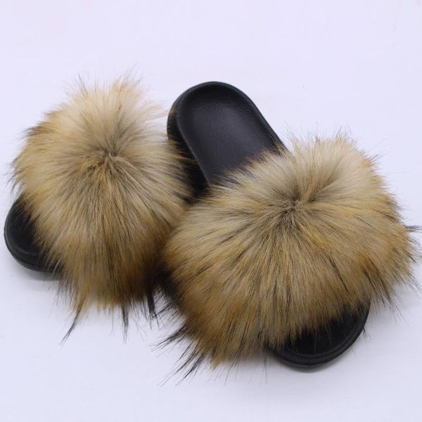 

summer women's leather slippers real fur indoor flip flops casual sandals fluffy shoes, Black