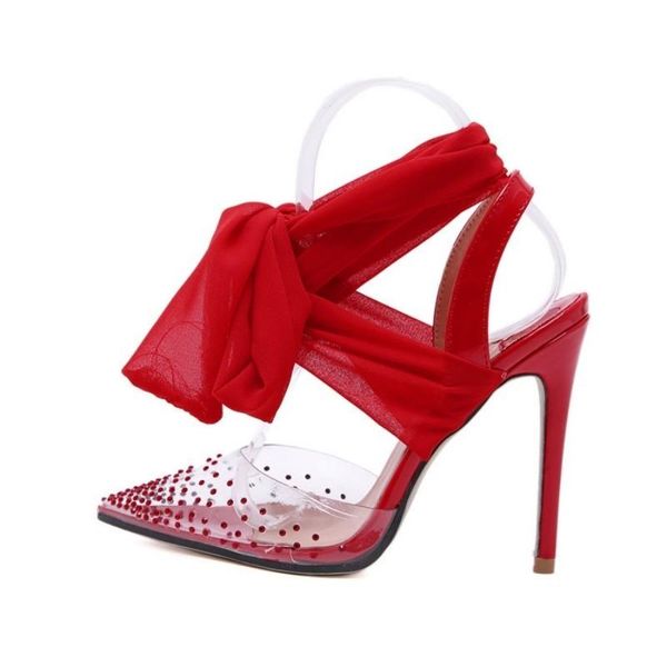 

dress shoes fashion transparent pointed toe diamond thin heel pumps women for wedding party red white black lace up high