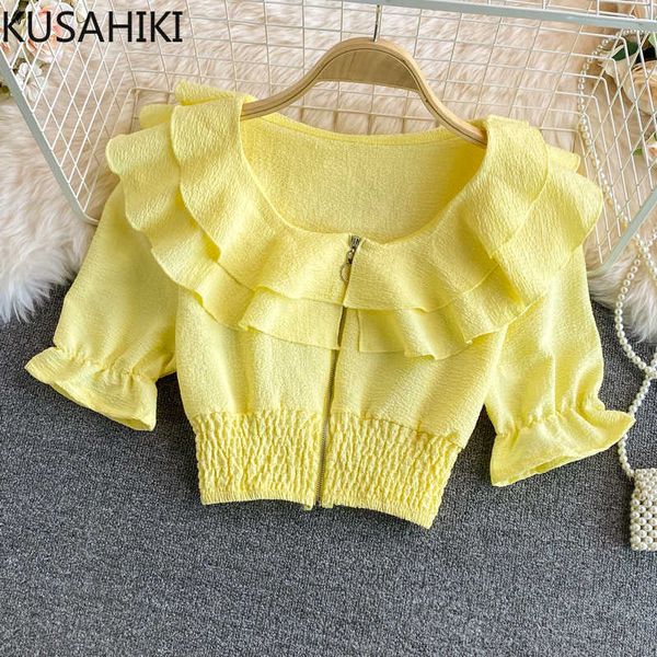 

kusahiki summer short womens sweet ruffle patchowrk o-neck shirt korean puff sleeve fashion blusas de mujer 6j514 210602, White