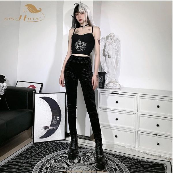 

women's pants & capris vintage gothic aesthetic black women pencil mall goth grunge punk high waist skinny trousers fashion streetwear, Black;white