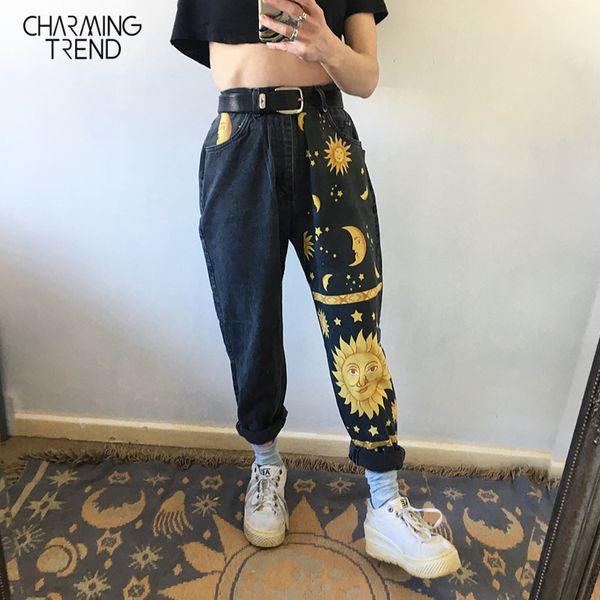 

fashion sun star printed pants jeans women autumn black high waist young girls chic denim trousers woman cool boyfriends jeans, Blue