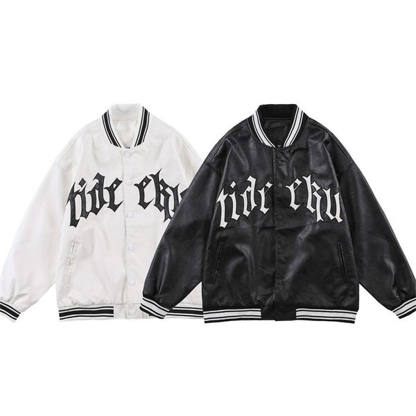

men's hoodies & sweatshirts synthetic leather jacket, embroidered letter baseball suit, hip hop casual large coat, harajuku, Black