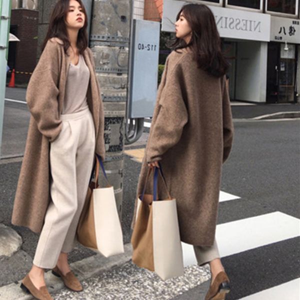 

women's knits & tees lazy long paragraph knit cardigan coat loose sweater jackets autumn winter outerwear female 8pki, White