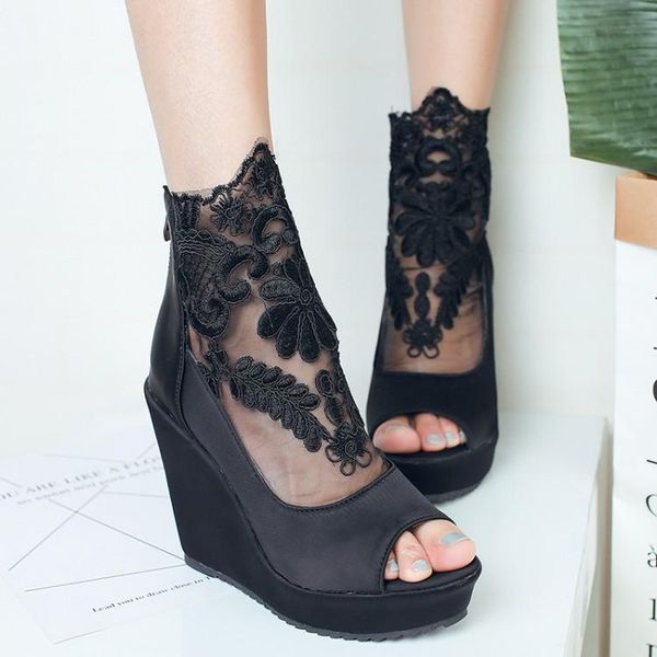 

woman summer boots lace gauze platform sandals fashion casual shoes lady party wedding pumps dress size 28-52, Black