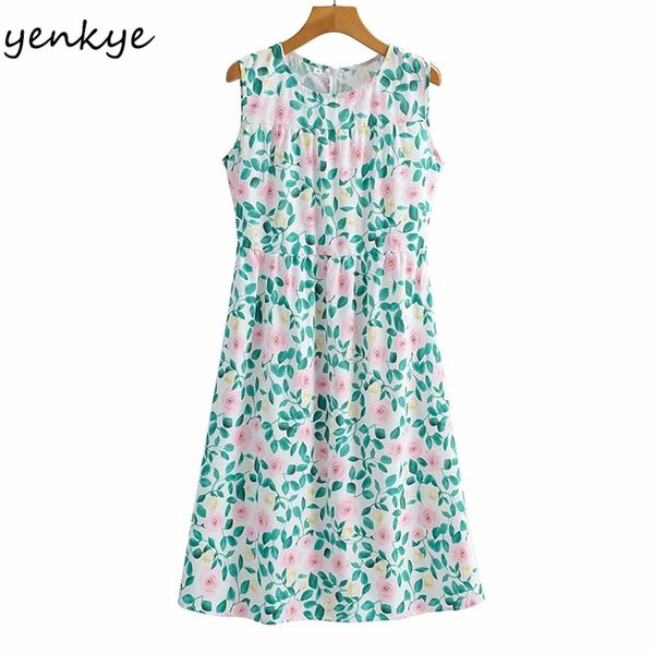 

multicolor floral print tank summer dress women o neck sleeveless a-line midi casual clothes sundress vestido 210514, Black;gray
