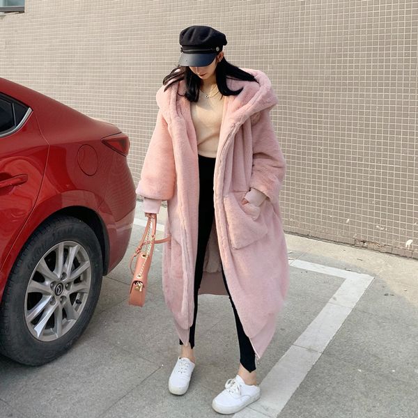

blends winter women thick warm long faux coats imitation rex rabbit fur plus size loose hooded outerwear pink 5 colors a120, Black
