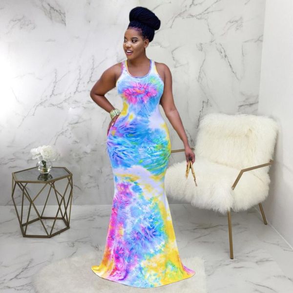 Casual Kleider Regenbogen Tie Dye Drucken Sommer Meerjungfrau Langes Kleid Frauen Ärmellose Zurück Cut Out Party Elegante Weibliche Verband Bodycon