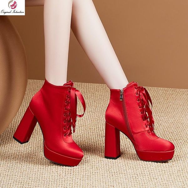 

boots plus size 33-45 winter ankle women platform chunky high heels fashion silk cross tied zipper woman shoes office lady botas, Black