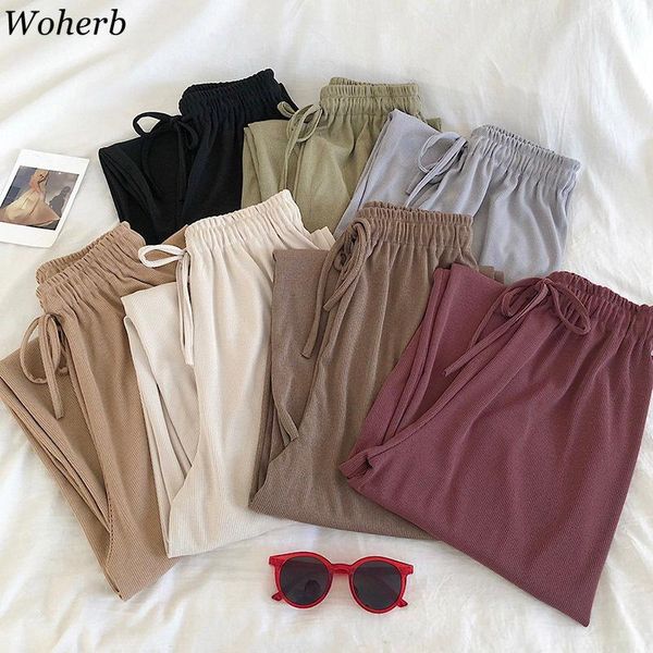 

women's pants & capris woherb high waist casual loose wide leg female lace up straight long trousers women trendy fashion 2021 spring 9, Black;white