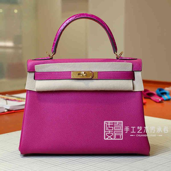 

designer handbags 2021 handmade kellys bag togo leather alligator handle rose purple kl25cm gold buckle single shoulder messenger bag bb