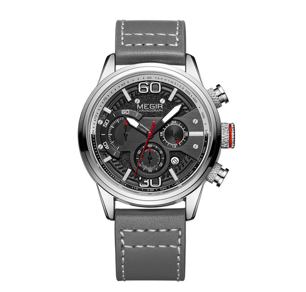 

fashion designers casual megir ml2110 watch for man chronograph watches leather belts alloy case male quartz 3 dials wristwatch with 3atm a, Slivery;brown