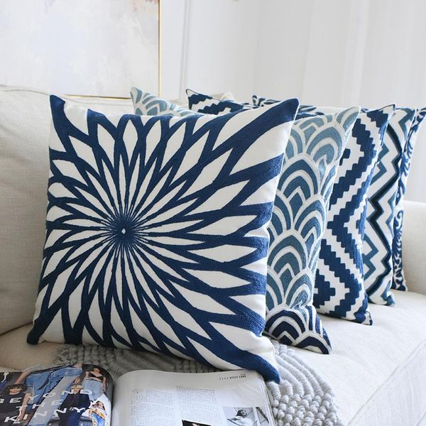 

cushion/decorative pillow home decor embroidered cushion cover navy blue/white geometric floral canvas cotton suqare embroidery 45x45cm