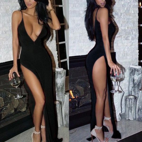 

casual dresses deep plunge dress clubwear open chest high thigh split spaghetti strap sukienka low cut bare back maxi party, Black;gray