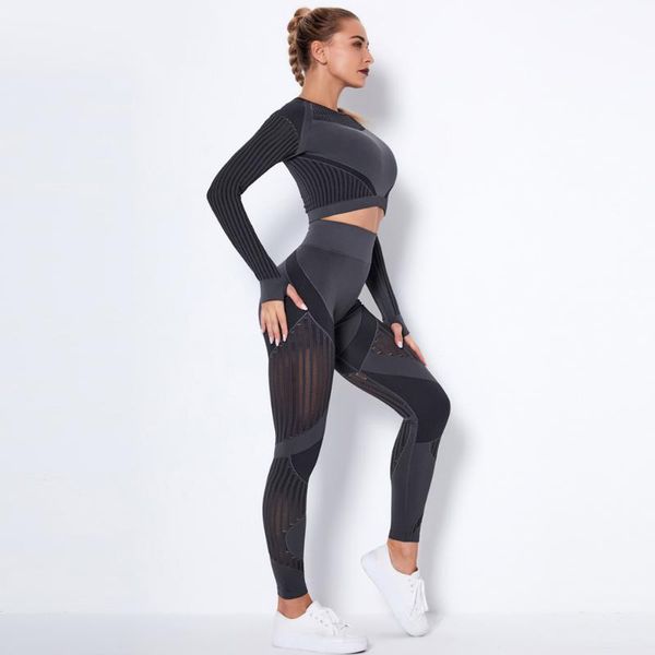 

2pcs gym set women seamless hollow out yoga crop high waist leggings tracksuit fitness clothing workout outfit