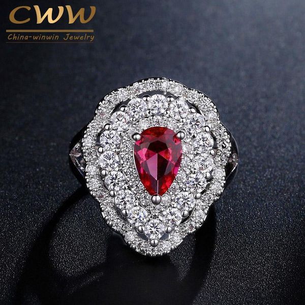 

cluster rings cwwzircons brand brilliant cz women jewellery big water drop rose red cubic zirconia female ring for wedding party r102, Golden;silver