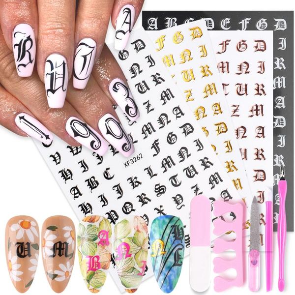 

nail art kits 3d alphabet sticker laser gold silver black retro english words letter slider for nails decorations tips jixf3262