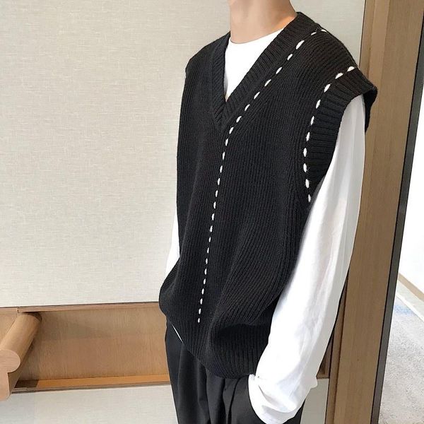 

men's vests korean autumn style design sweater vest men vintage preppy casual sleeveless knitting mens v neck pullover sweaters, Black;white