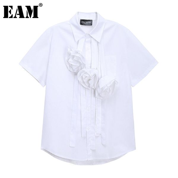 [EAM] Frauen Weiße Blume Große Größe Casual Bluse Revers Kurzarm Lose Fit Hemd Mode Frühling Sommer 1DD7659 210512