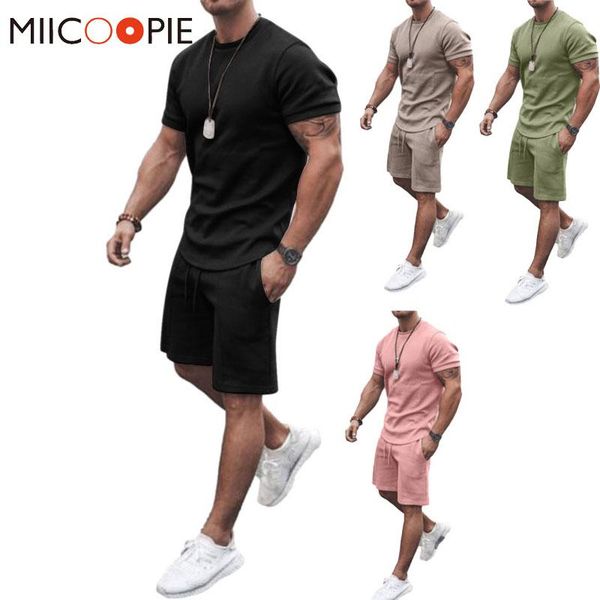 

men's summer two piece casual t-shirts and shorts brand breathable sportswear sets for men fashion solid color jogging homme tracksuits, Gray
